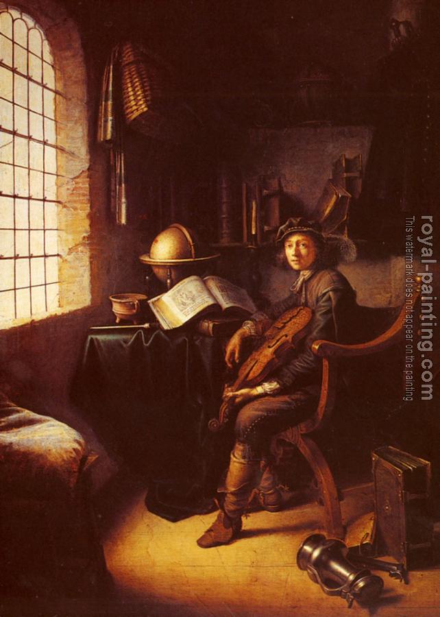 Gerrit Dou : An Interior With A Young Violinist detail